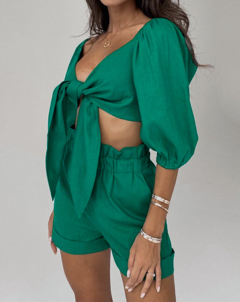 Cutout Puff Sleeve Top and Shorts Set