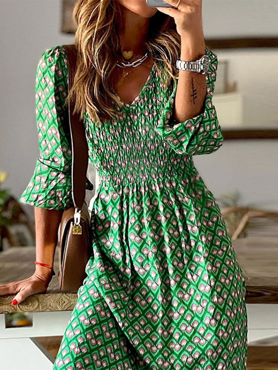 Smocked Printed V-Neck Midi Dress