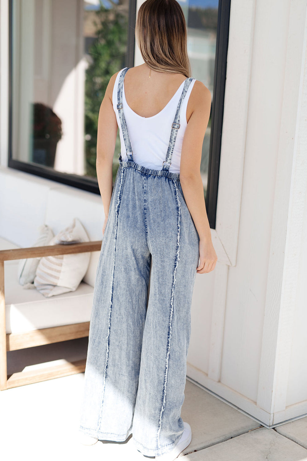 Beau Blue Light Wash Frayed Exposed Seam Wide Leg Denim Overall