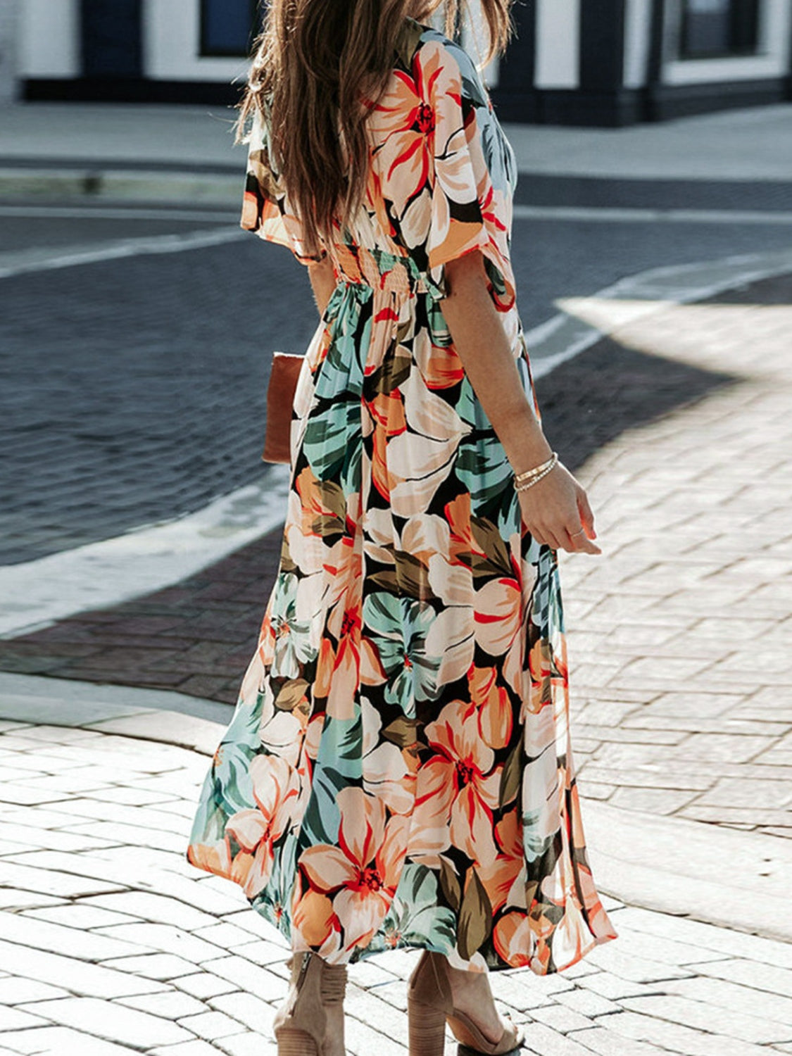 Floral Plunge Half Sleeve Dress