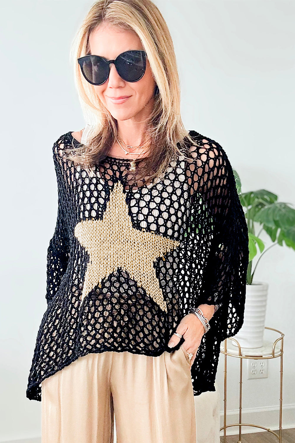 White Star Graphic Crochet Knitted Summer Sweater Top