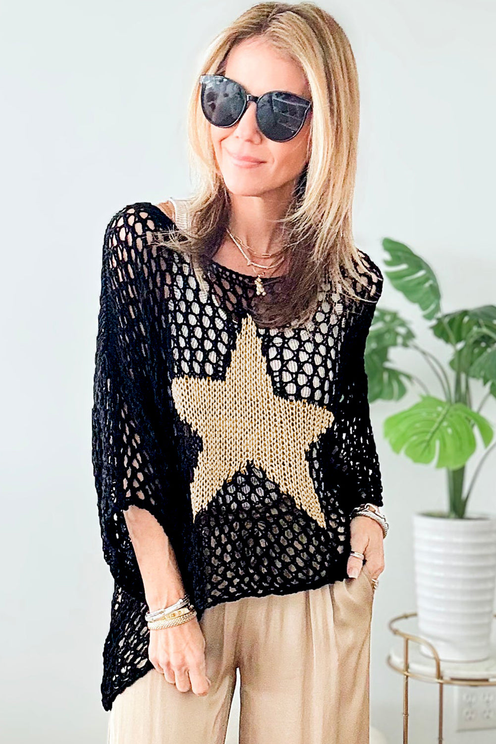 White Star Graphic Crochet Knitted Summer Sweater Top