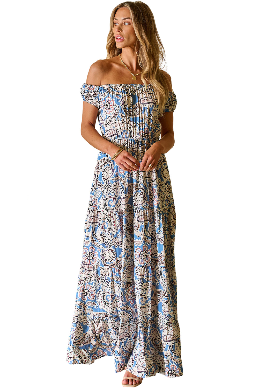 Pink Boho Paisley Print Off Shoulder Maxi Dress