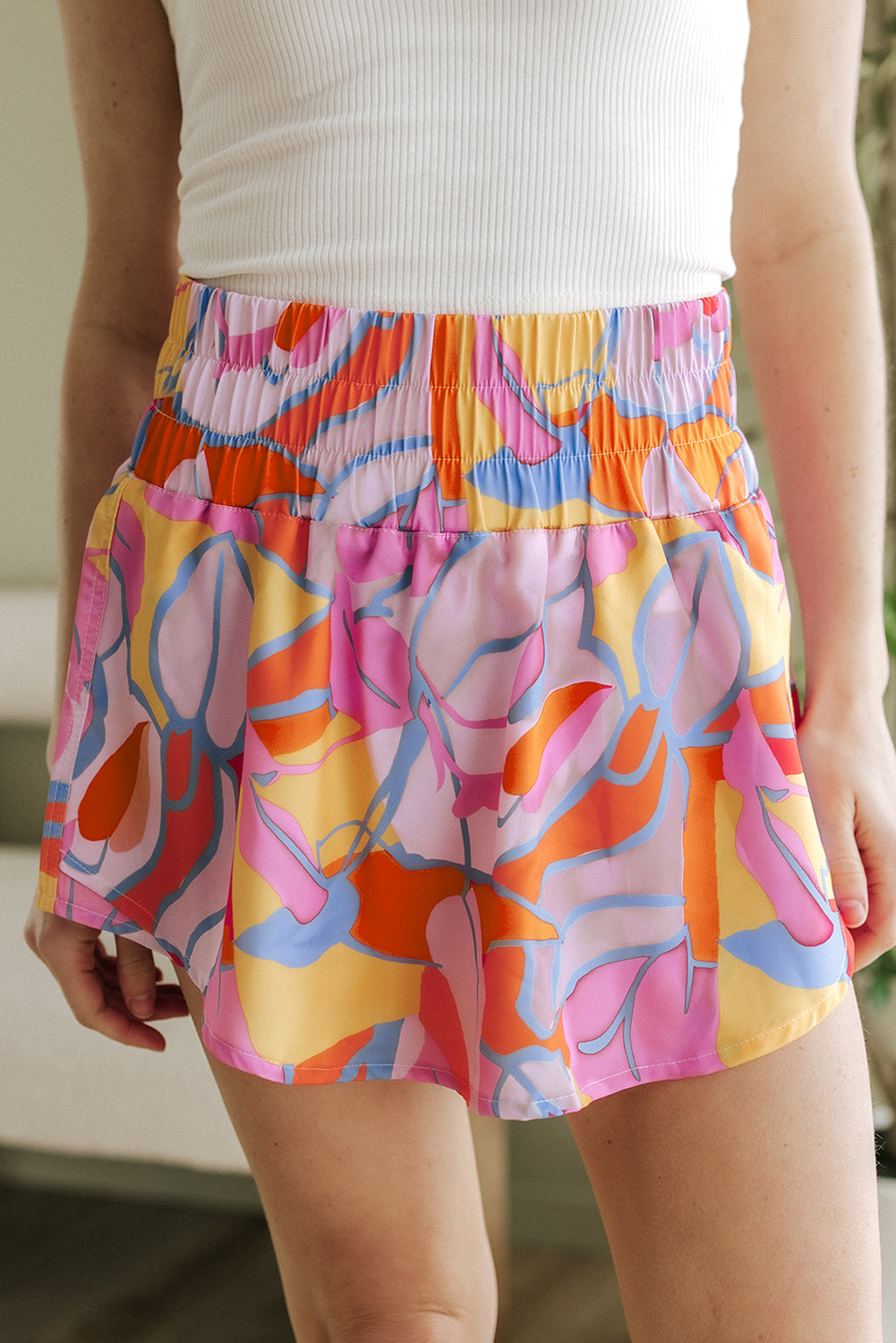 Purple Abstract Print Smock Waist Casual Shorts