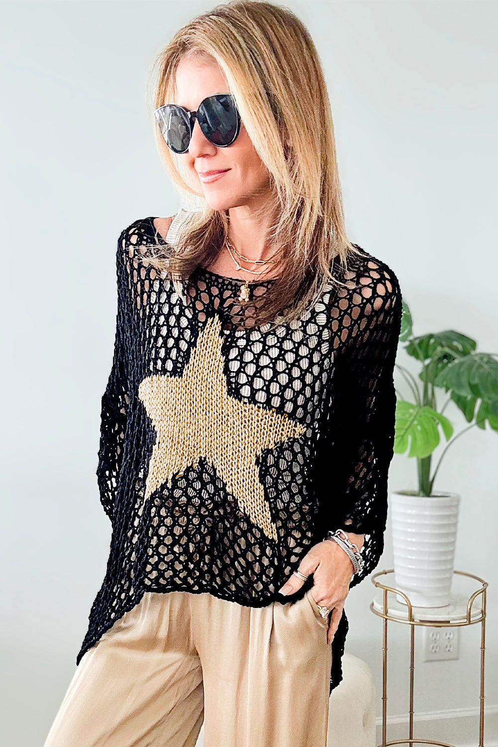 White Star Graphic Crochet Knitted Summer Sweater Top