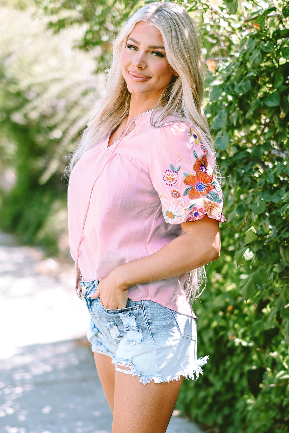 Black Floral Embroidered Puff Sleeve Split Neck Blouse