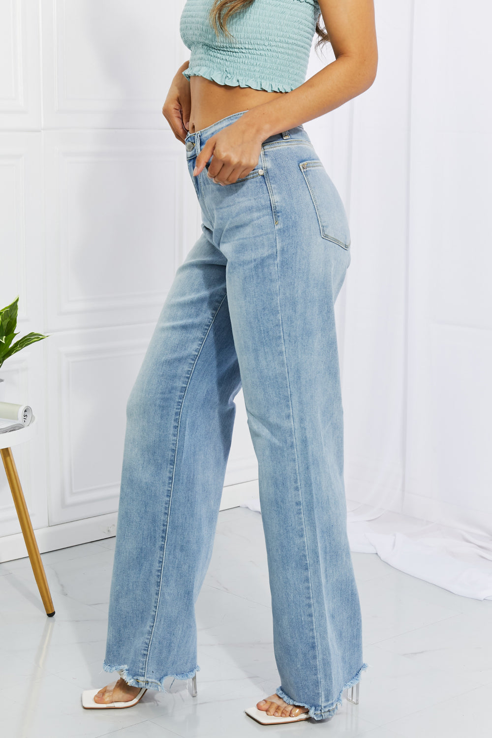 Cameron High Waist Destroyed Hem Straight Jeans