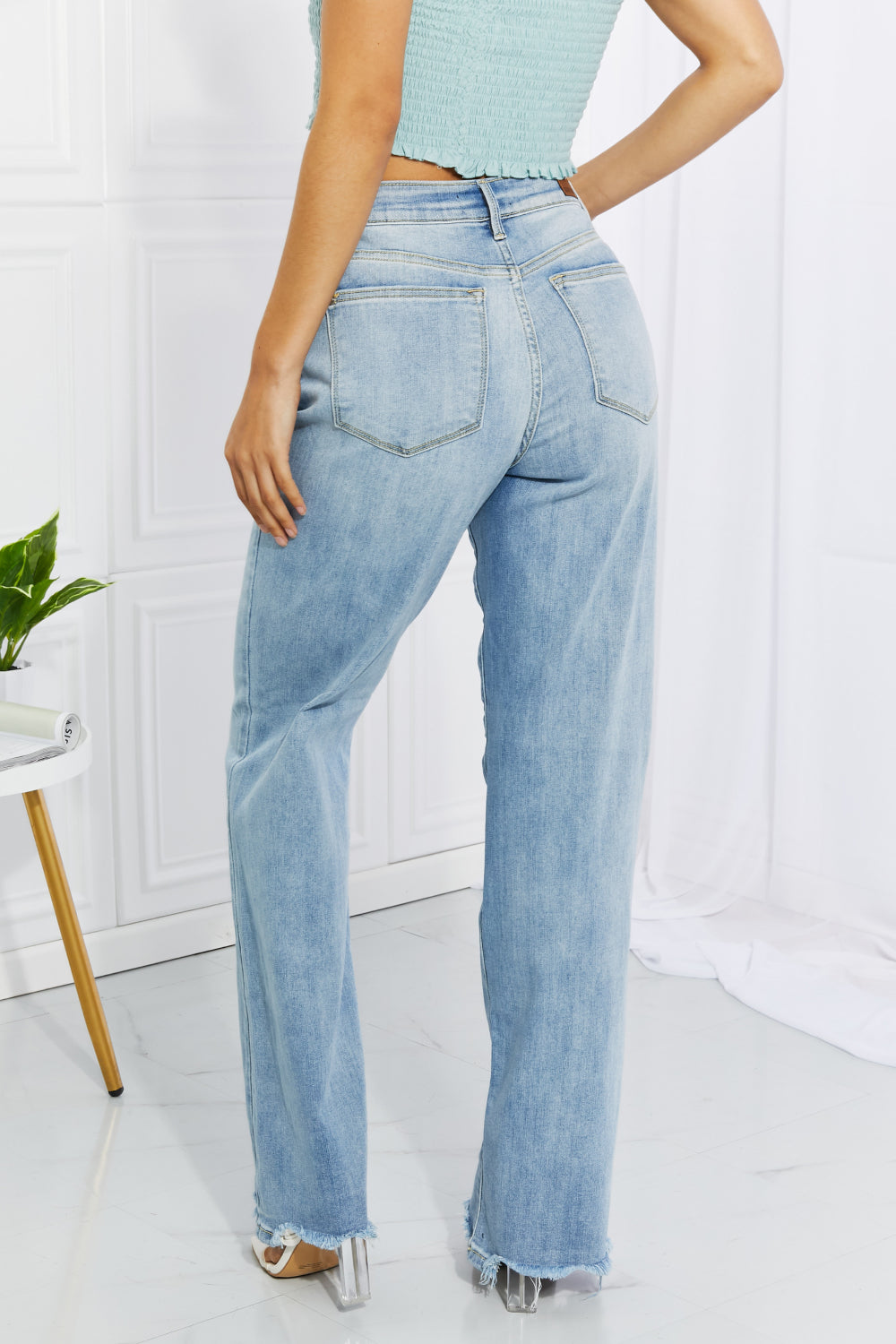 Cameron High Waist Destroyed Hem Straight Jeans