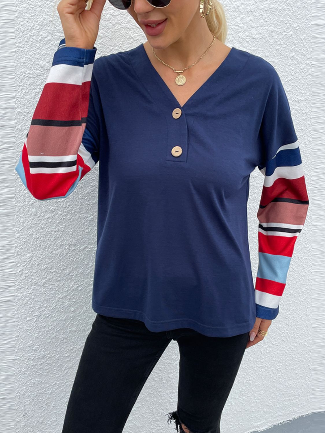 Dropped Shoulder V-Neck Buttoned Front Tee