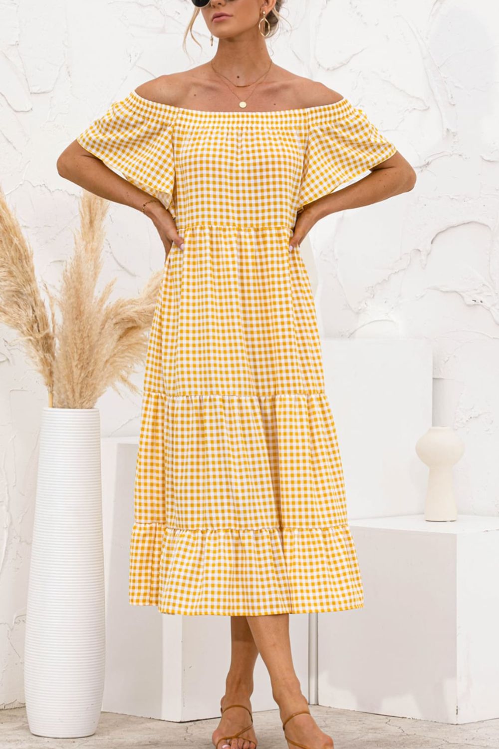 Plaid Off-Shoulder Tiered Midi Dress