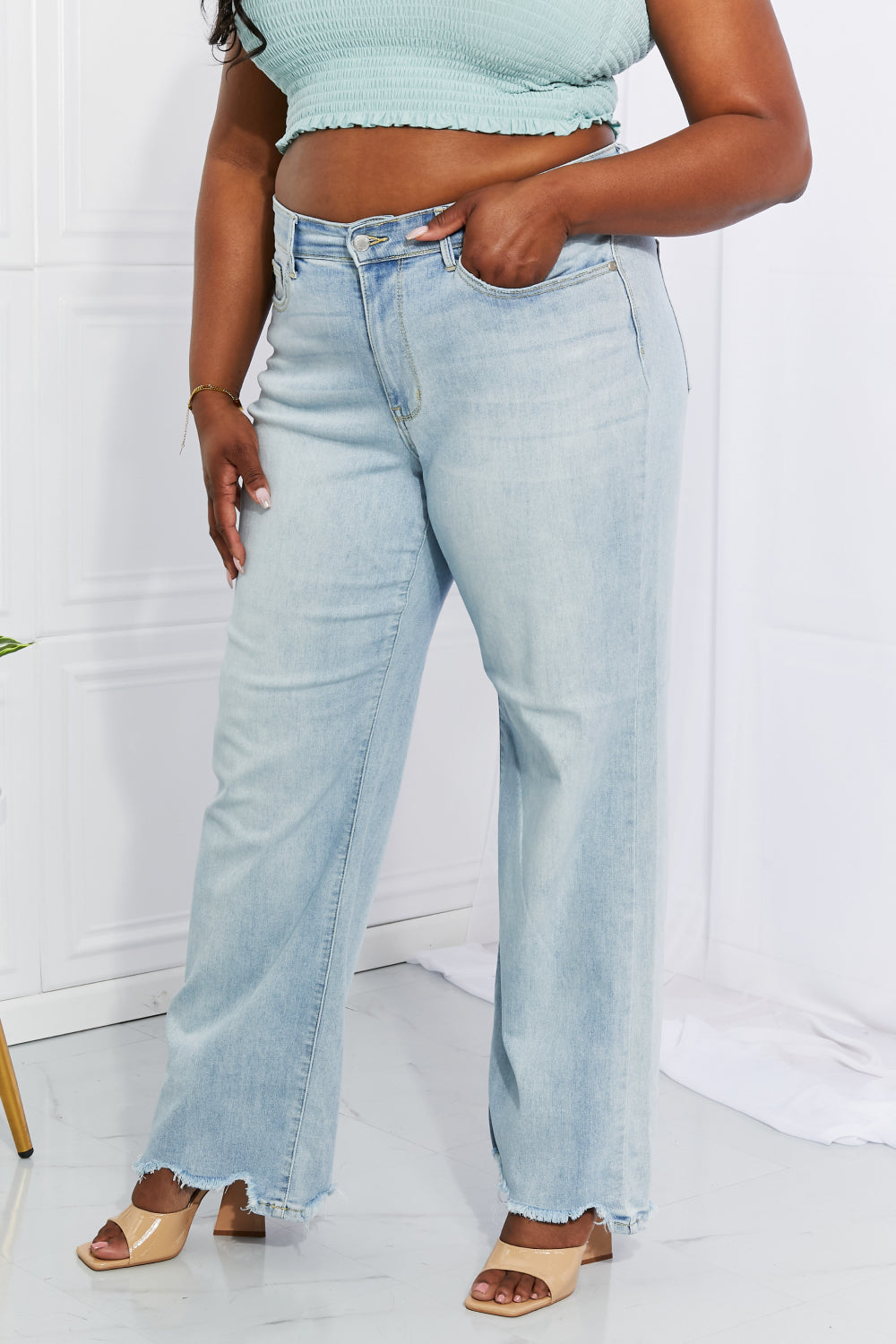 Cameron High Waist Destroyed Hem Straight Jeans