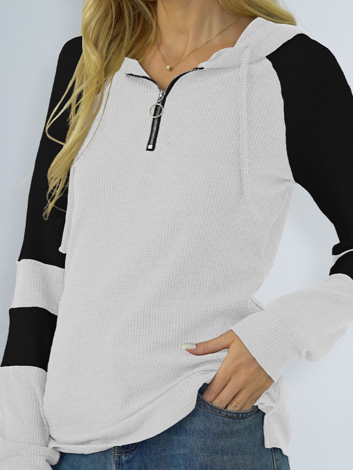 Waffle-knit Raglan Sleeve Zipper Front Hoody