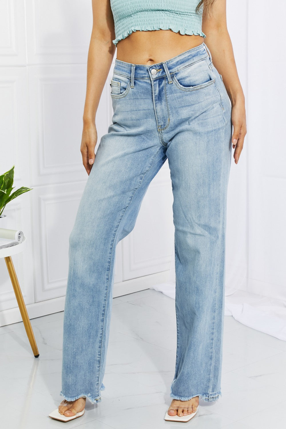 Cameron High Waist Destroyed Hem Straight Jeans