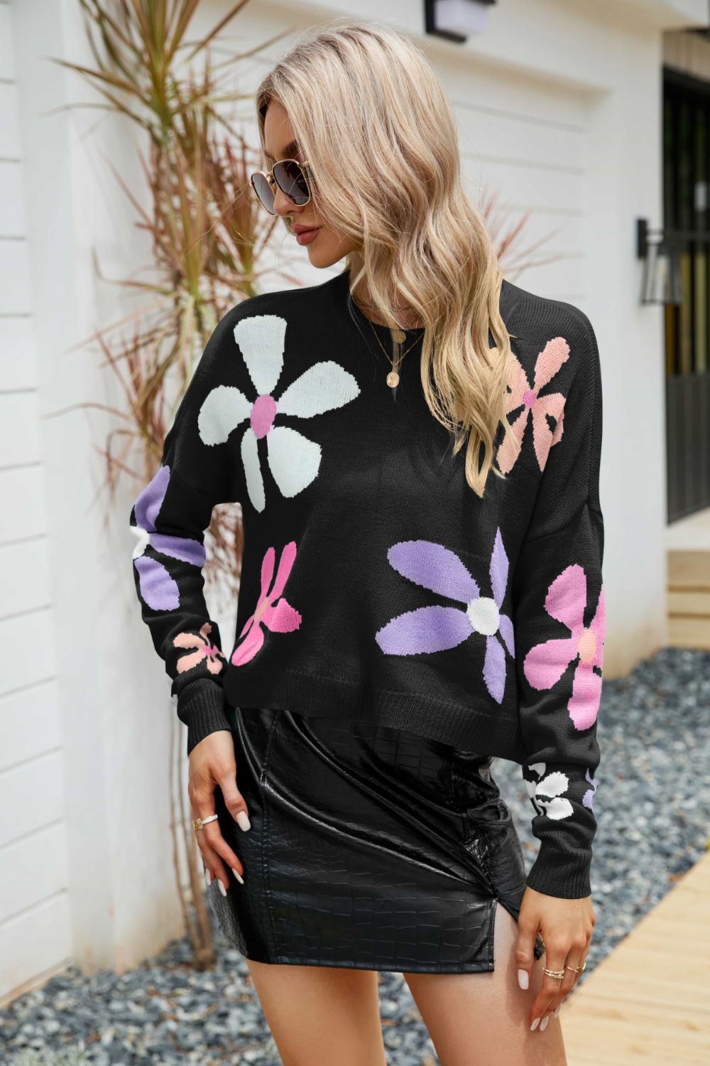 Floral Dropped Shoulder Ribbed Trim Sweater