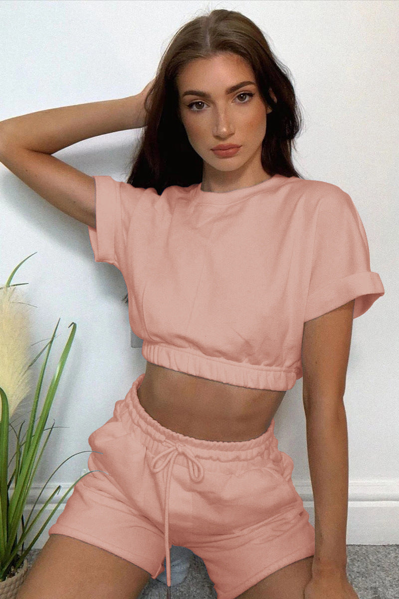 Short Sleeve Cropped Top and Drawstring Shorts Lounge Set