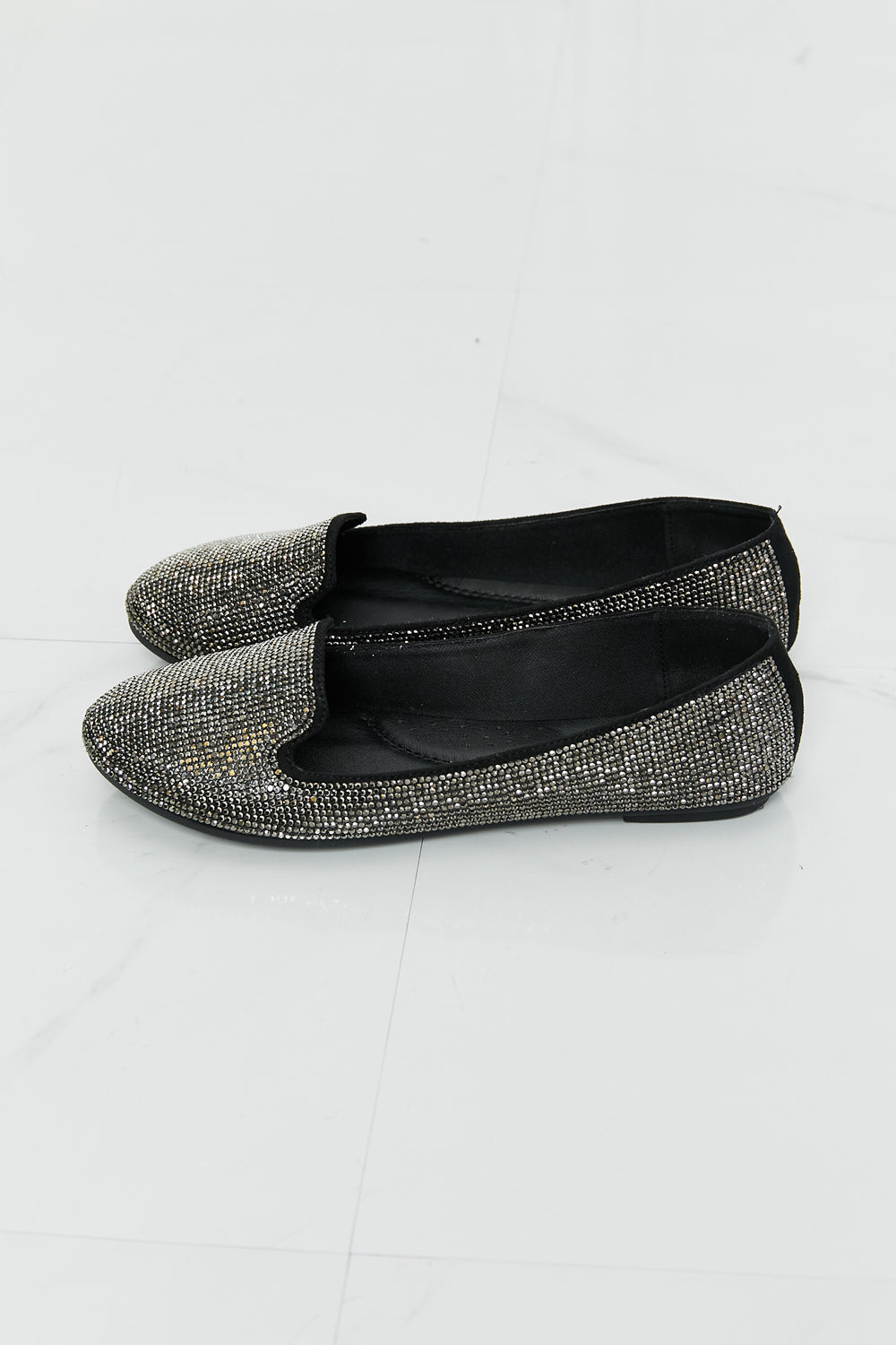 Forever Link Rhinestone Round Toe Flats in Black/Pewter