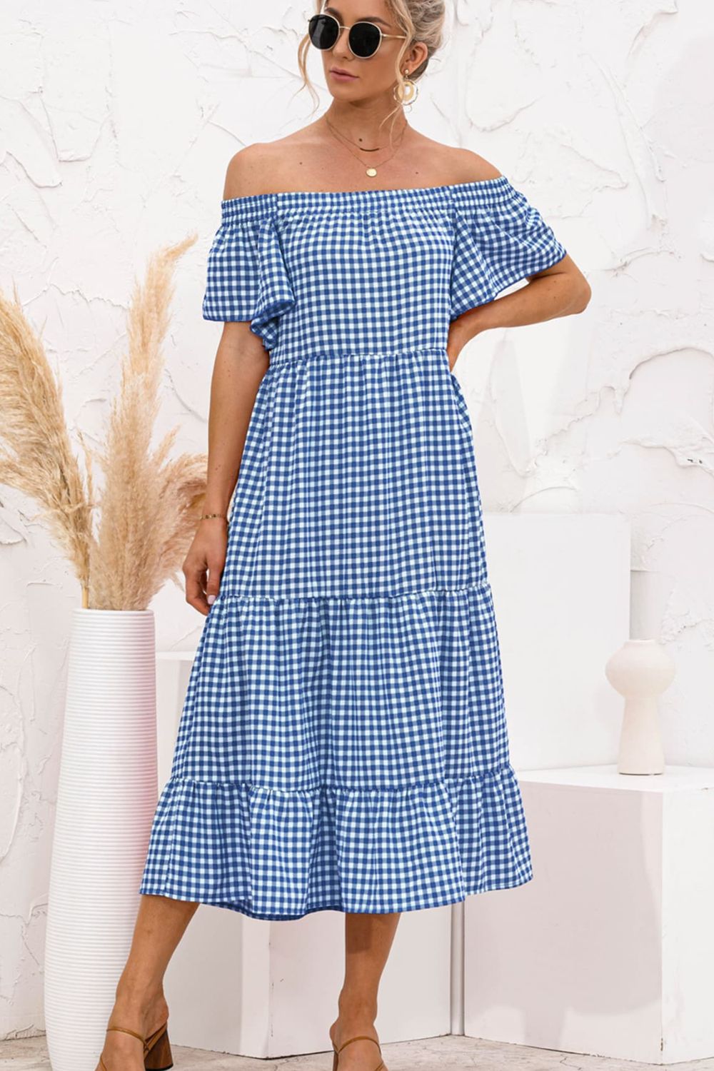 Plaid Off-Shoulder Tiered Midi Dress