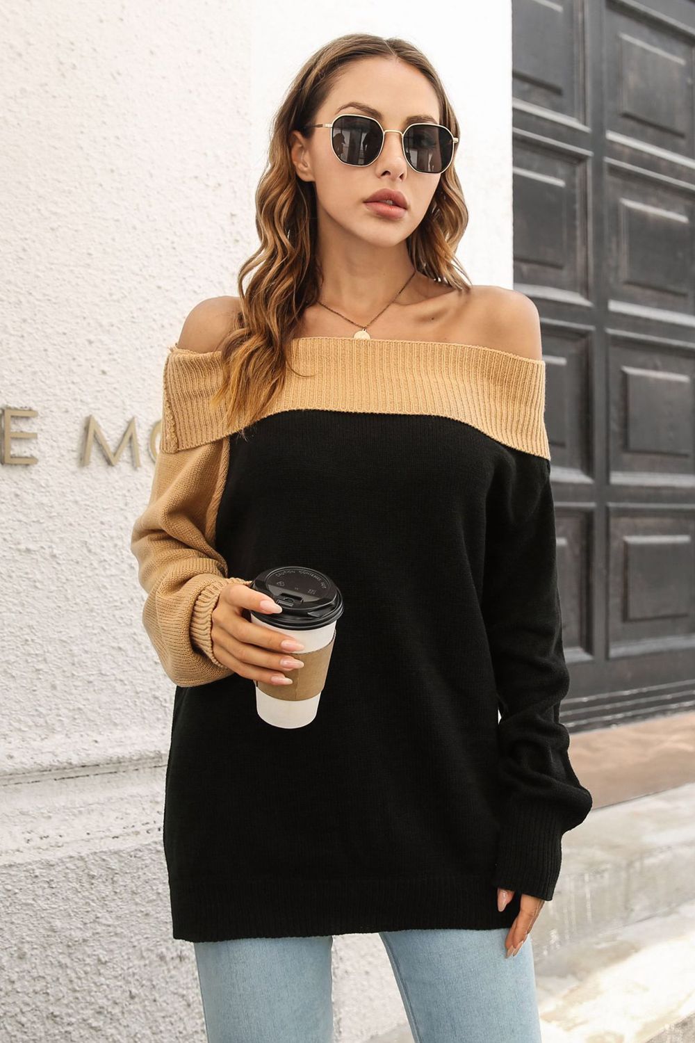 Ribbed Off-Shoulder Lantern Sleeve Pullover Sweater