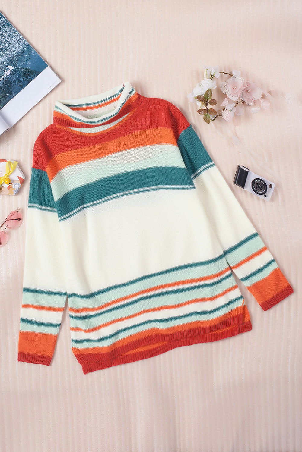 Striped Turtleneck Drop Shoulder Sweater